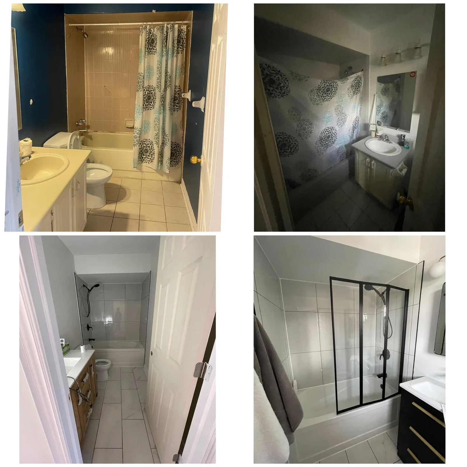 Four-panel bathroom comparison showing the original tub and vanity above, and updated tile, vanity and black shower screen below