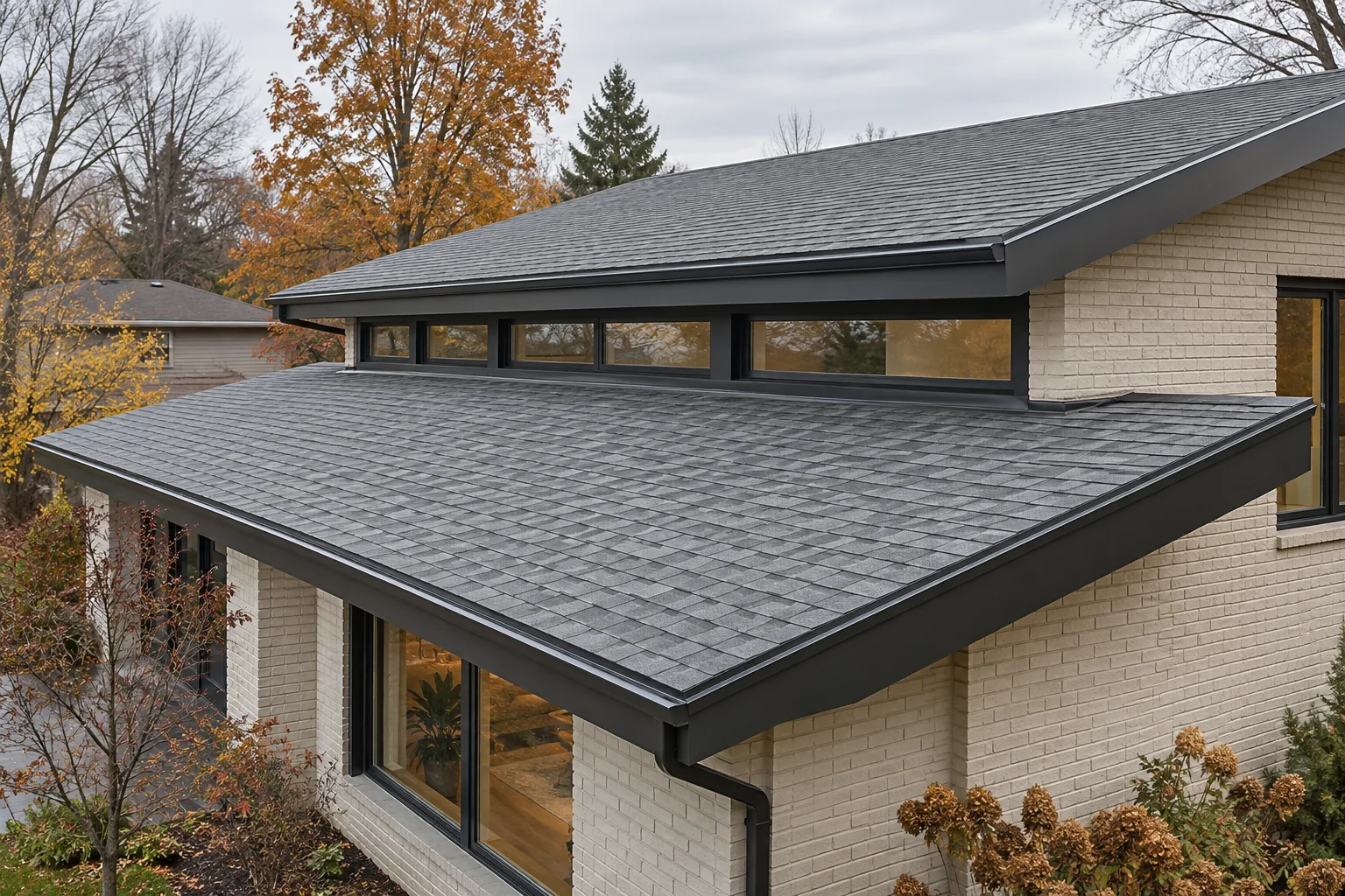 dark asphalt-shingle roof and dormer on a brick home in Brantford, Ontario.