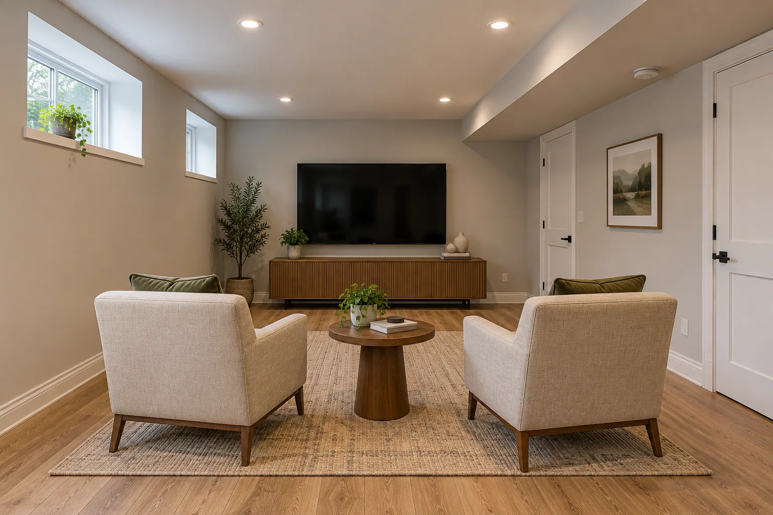 Basement remodeling project in Burlington, Ontario.