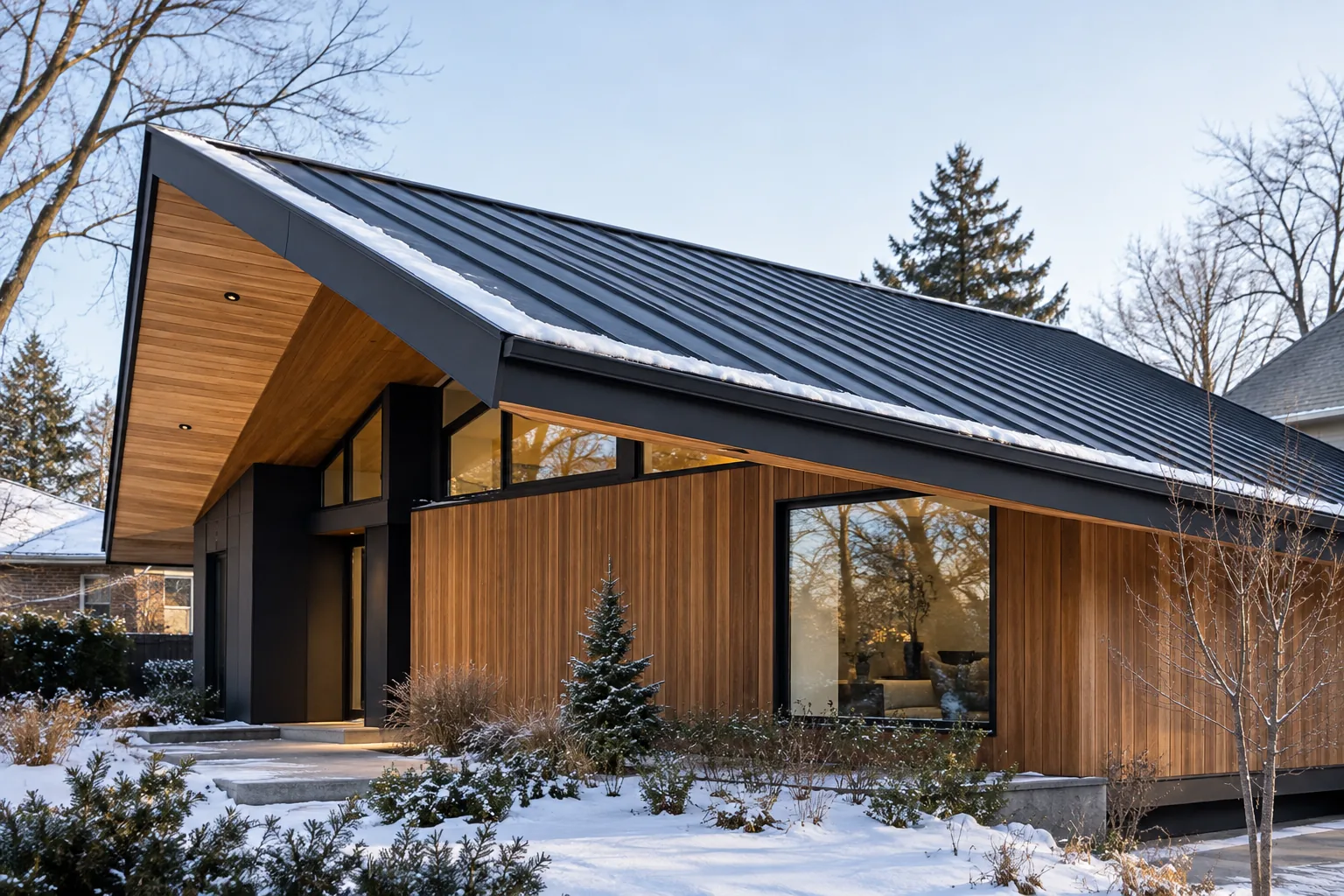 contemporary home with a standing-seam metal roof in Hamilton, Ontario.