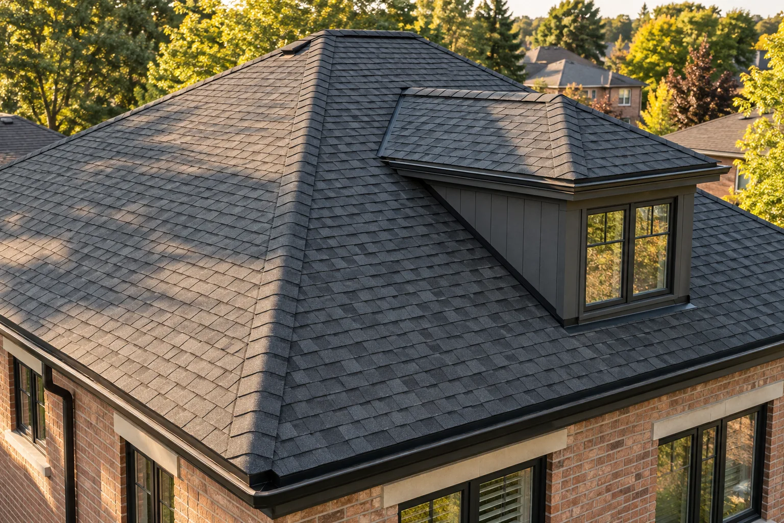 dark asphalt-shingle roof and dormer on a brick home in Hamilton, Ontario.