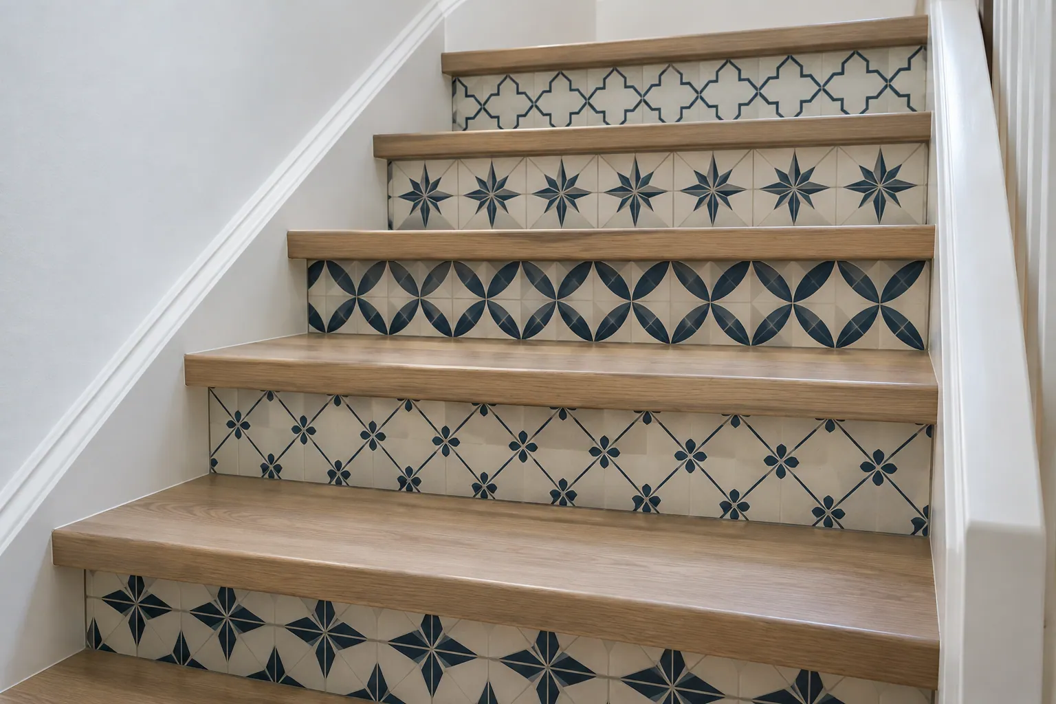 Patterned tile risers on a renovated staircase in Hamilton, Ontario