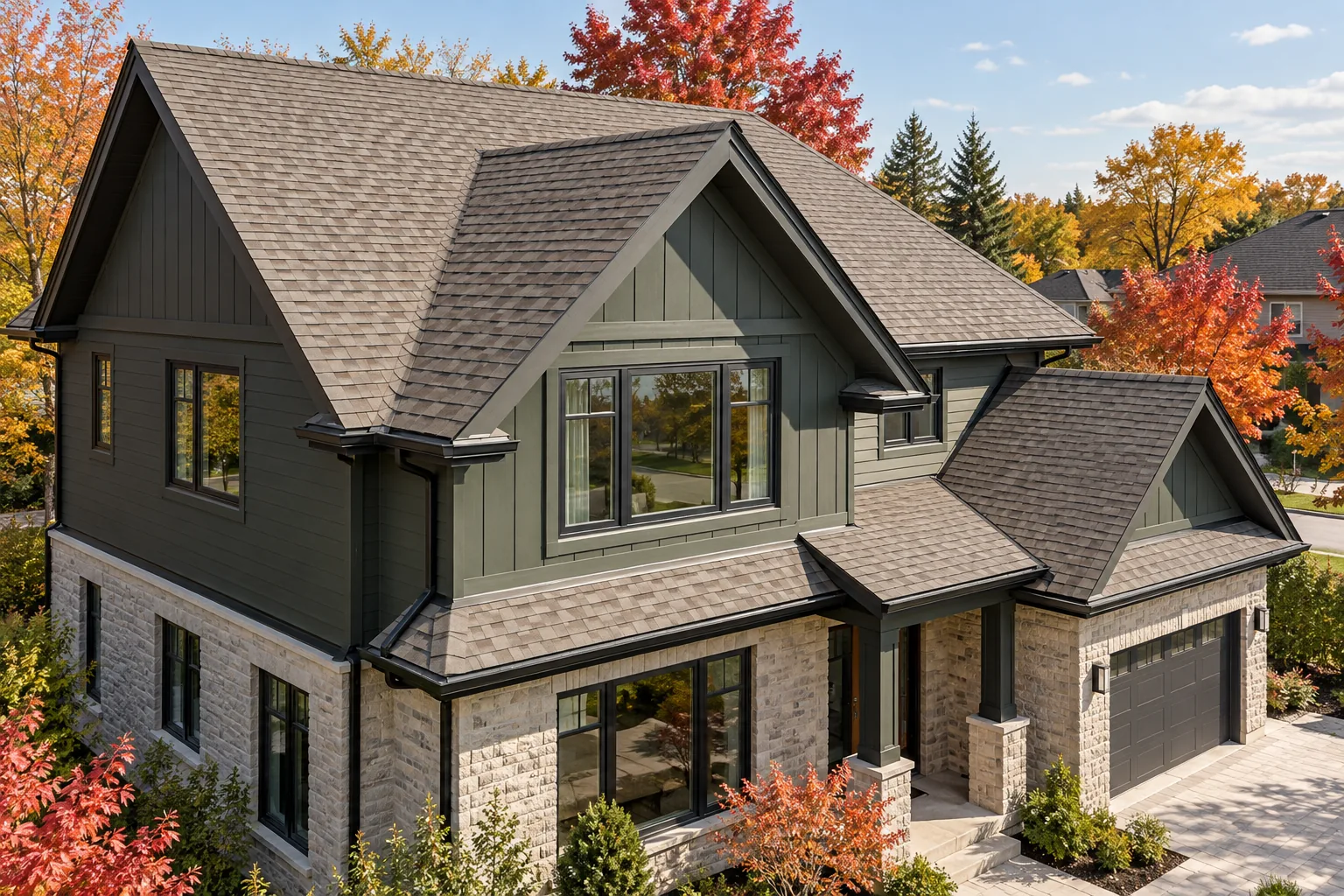 contemporary home with a standing-seam metal roof in Milton, Ontario.