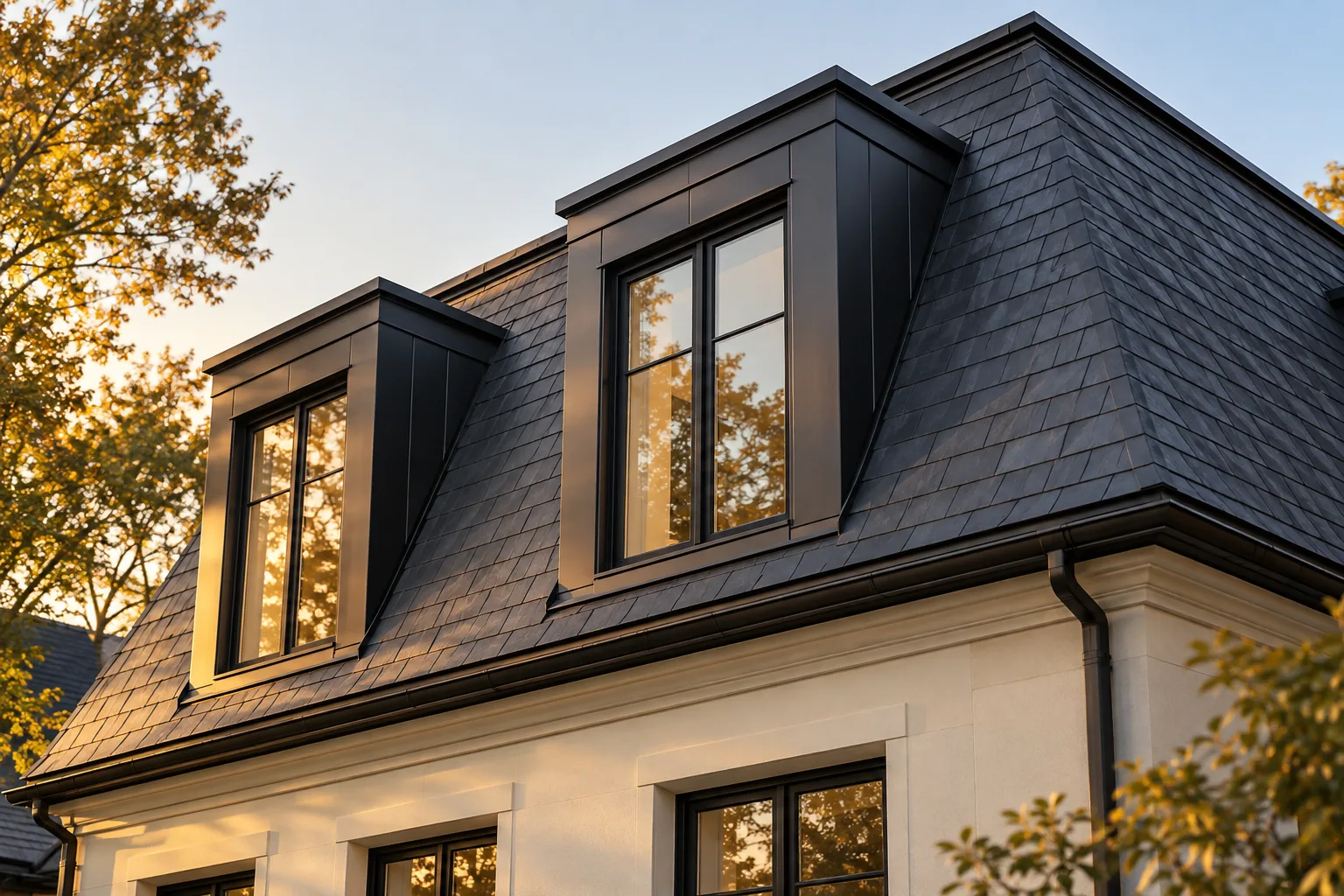 dark asphalt-shingle roof and dormer on a brick home in Toronto, Ontario.