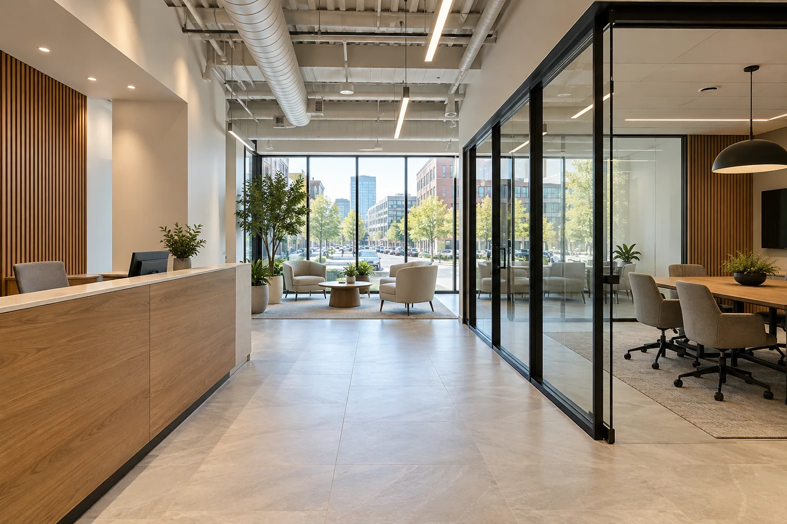 Modern commercial office with reception desk and glazed meeting rooms