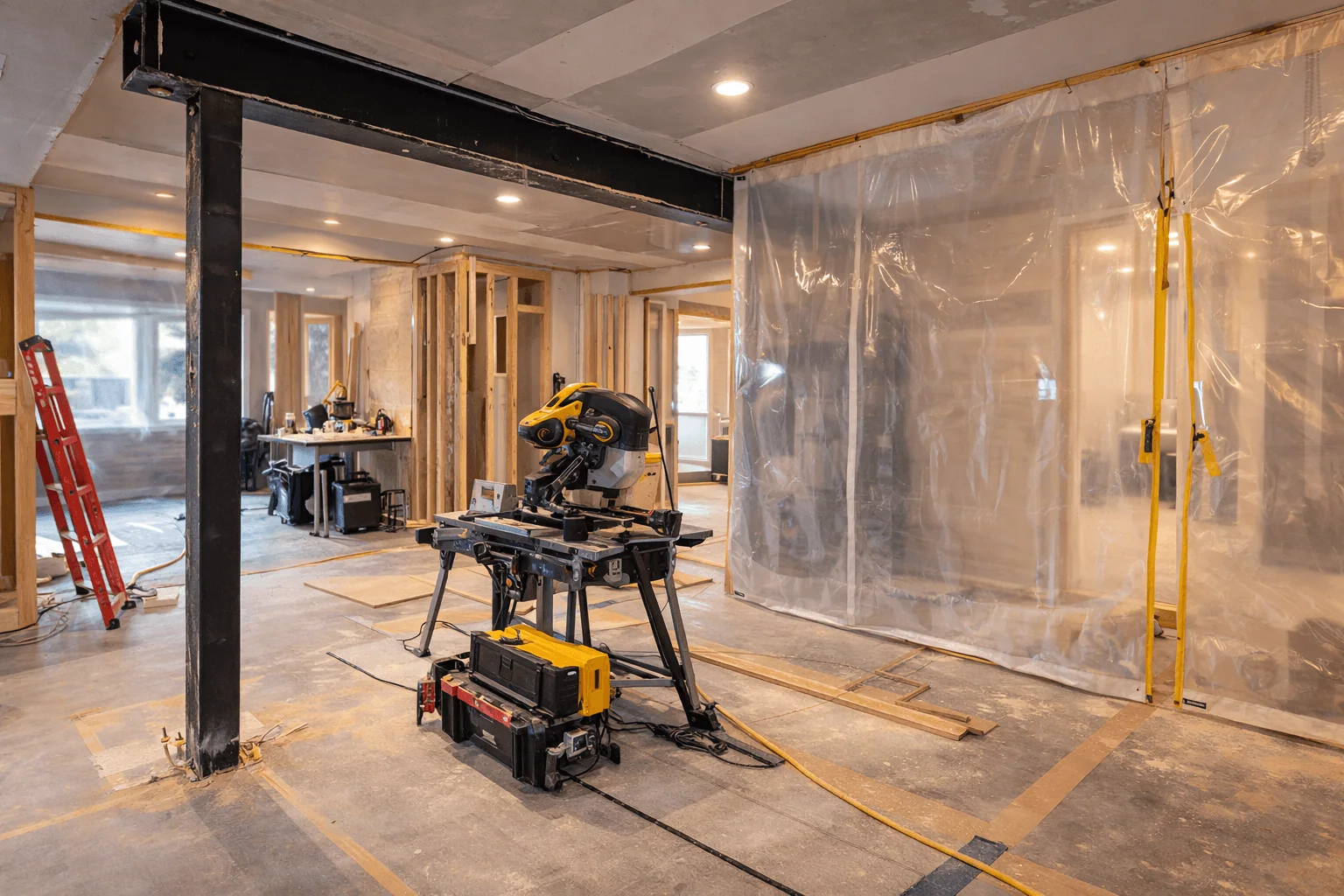 Interior renovation worksite with exposed framing, a steel beam, cutting equipment and temporary plastic barriers