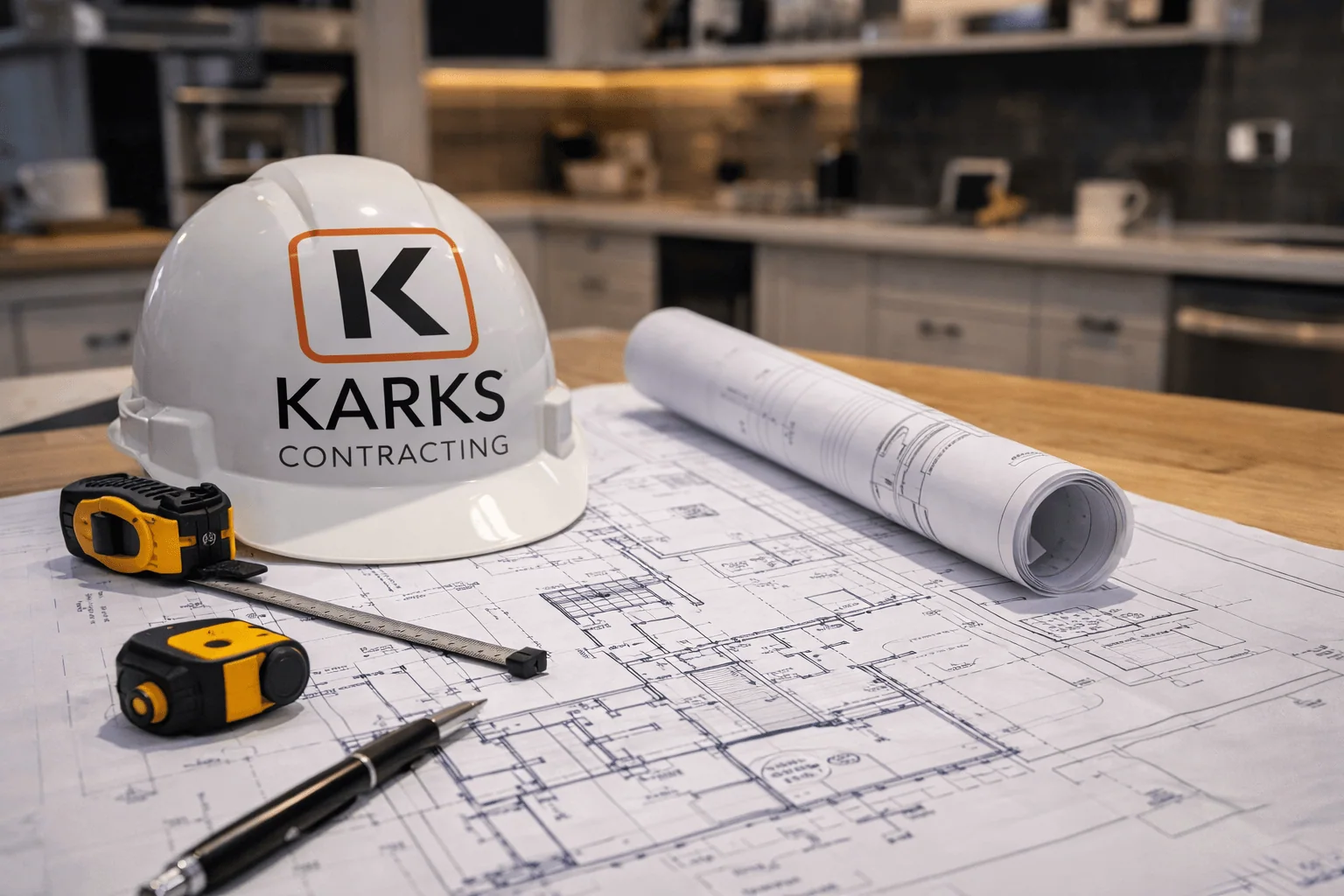 Karks Contracting branded hardhat, measuring tools and architectural drawings on a work surface