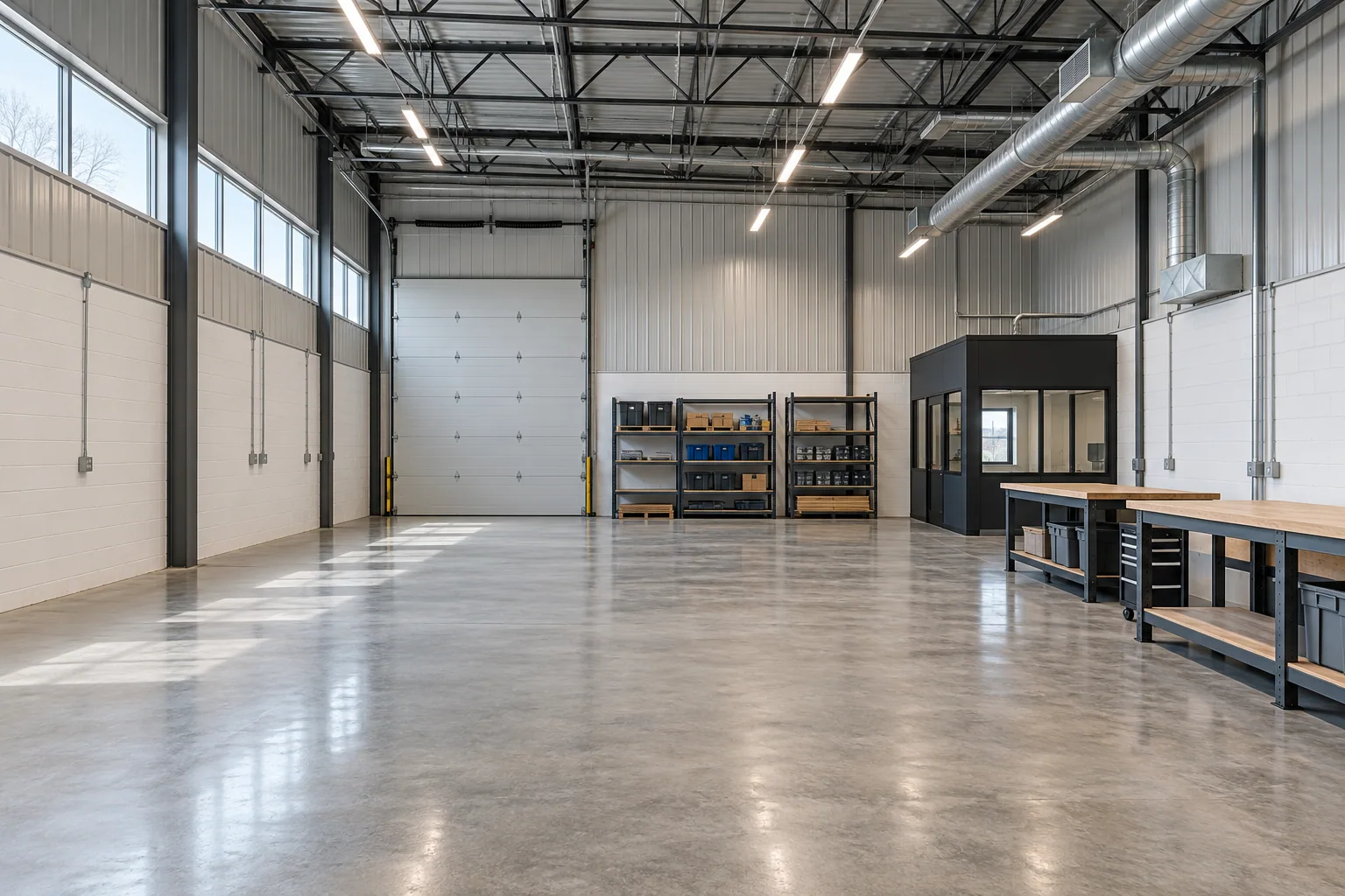 Light industrial warehouse with workbenches, storage, and overhead services