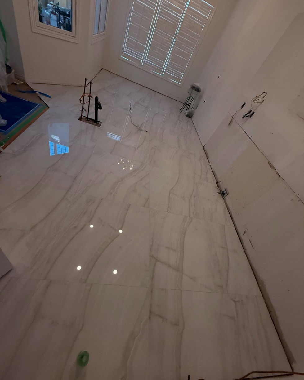 Interior floor tile installation with a carefully planned layout